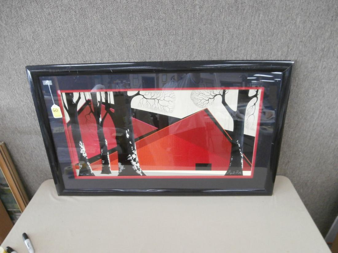 Eyvind Earle: "Great Red Barn" Serigraph #146/350 Triple Matted Red barn with trees 48x29 1/4 inches Heavy damage to frame especially the corners WITH COA