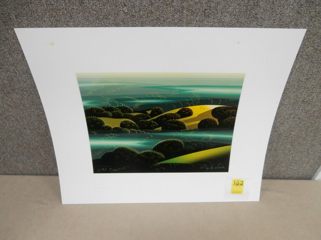 Eyvind Earle: "Emerald Fog" Serigraph #AP 17/30 Orig. Purchase Price $1200.00 24x20 inches There are spots on the mat, please see pictures w/COA