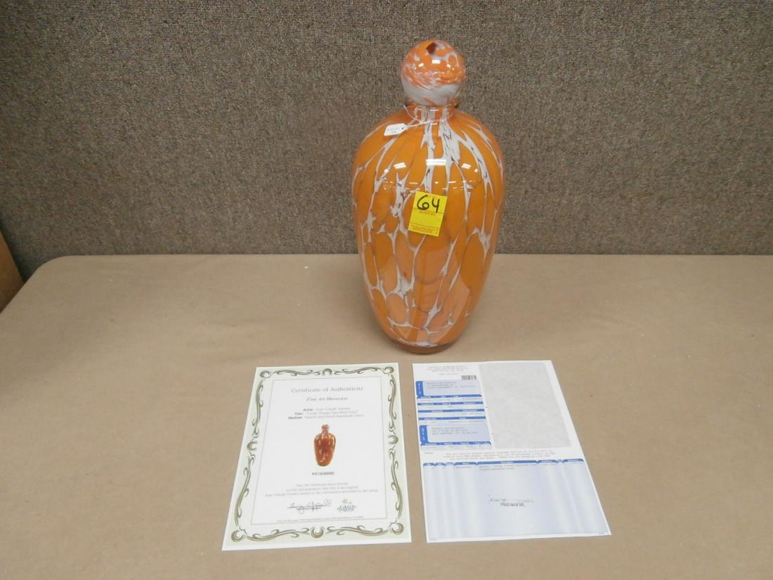 Jean Claude Novaro: "Large Orange Speckled Vase" Signed and Dated Handmade Glass Orig. Purchase Price $1000.00 16 3/4 inches tall to the top of the stopper