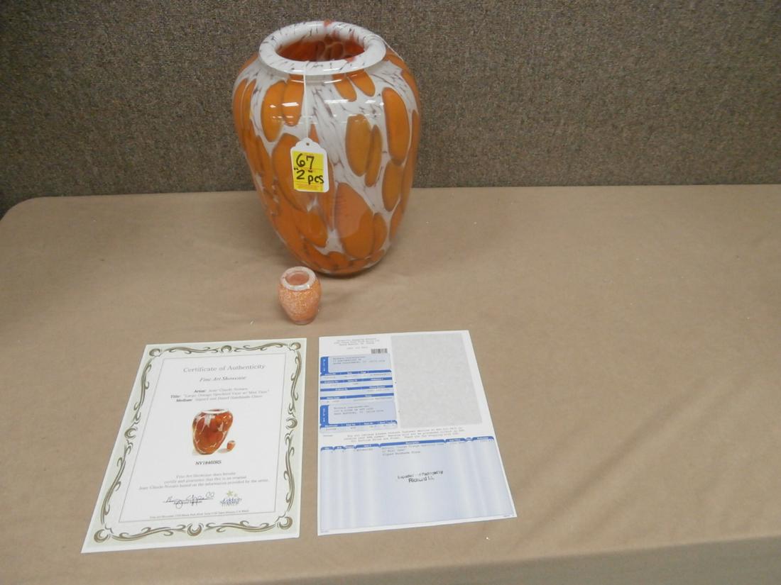 Jean Claude Novaro: "Large Orange Speckled Vase w/Mini Vase" Signed and Dated Handmade Glass Orig. Purchase Price $1350.00 13.5 inches tall and 3 1/4 inches tall