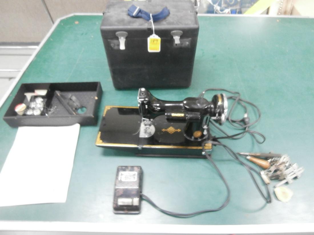 Sewing Machine: Singer Featherweight Sewing Machine in black case with original parts and book #AD888394