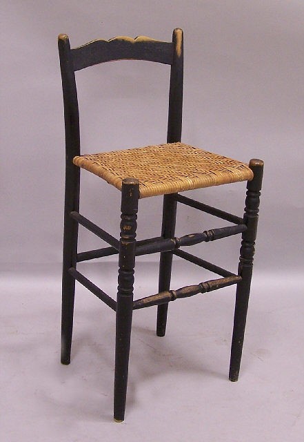 French high kitchen stool cane seat c1880: Country French high kitchen stool with woven cane seat c1880. This high stool measures 23 inches to the top of its seat, 34 and one half inches to the top of its back and 12 and one half inches deep. 