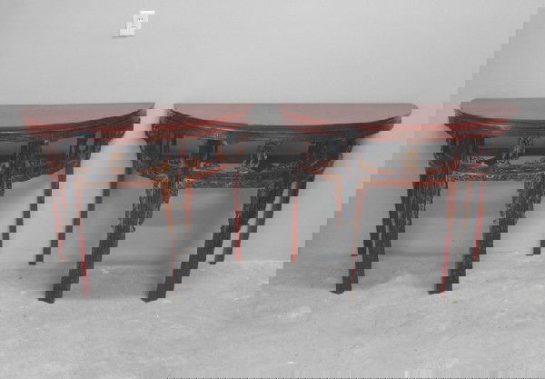 19thC Chinese demi lune tables: Pair 19thC Chinese demi lunes. This matched pair of tables can be put together to make one round dining or center table. Excellent condition with some minor skirt carving missing on one table