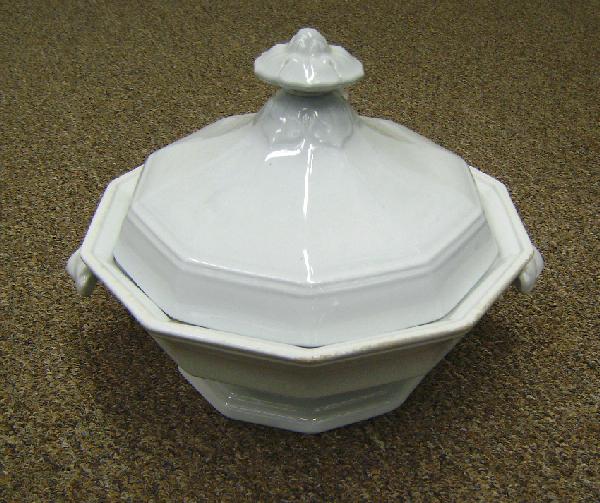 Staffordshire Ironstone covered: Staffordshire Ironstone covered server made by Alcock measures 9.5 by 7.5 inches.