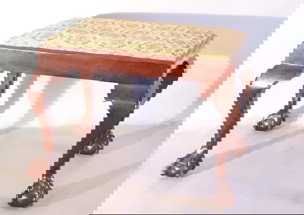 Ball and claw foot window bench: Handmade American mahogany ball and claw foot window bench c1900. This bench was made from solid mahogany by hand and put together with wooden pin construction. The carving on the claw feet is superb.