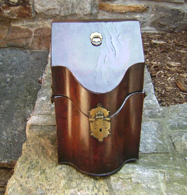 Early English knife box: Early English knife box converted to letter box c1780. Measures 13.5 inches high by 8.5 inches wide and 7.5 inches deep. Some minor old veneer repairs. Original hardware.