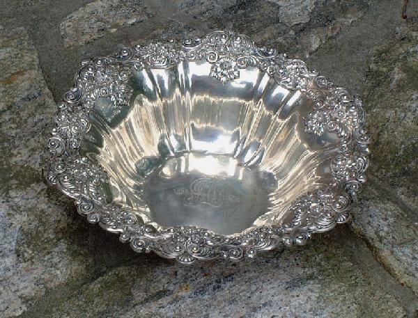 Gorham Sterling silver bowl: Gorham Sterling silver bowl measures 11 inches across and 2.75 inches high. Weighs 519 grams.