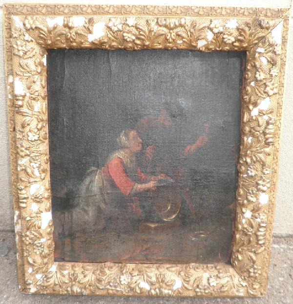 Early Painting Depicting everyday life: In the style of the old masters, interior scene, man and woman depicting everyday life. Wooden back, 19 5/8ths x 17 5/8ths