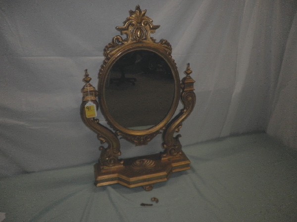 Gold-Gilded Dressing Mirror: Gold-Gilded Dressing Mirror. Scalloped design. 31 1/2" tall