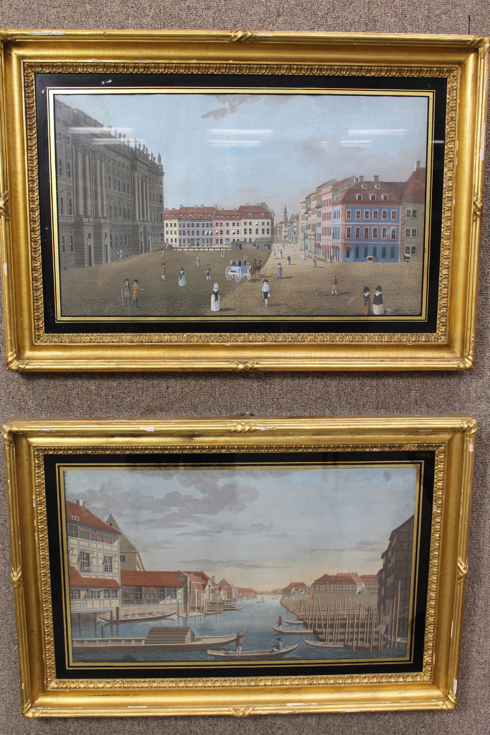 Pair of Gouache Paintings With Venecian Scenes With Reversed Painted Frames: 1 of a square with Victorian dressed people and 1 with Gondolas and Boats Some loss and peeling paint, some gold loss on the frames