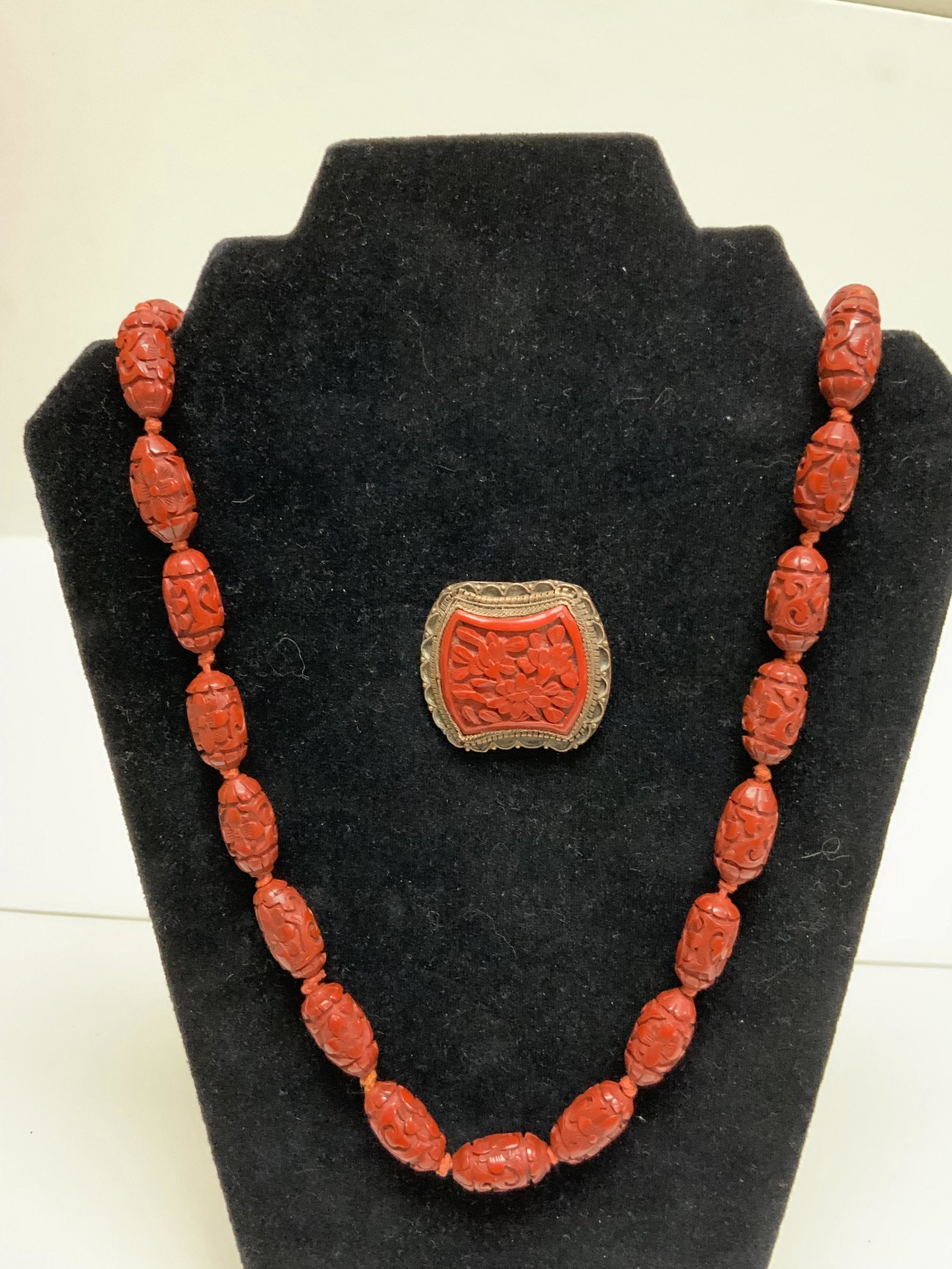 Carved Cinnabar Necklace and Pin (1 of 7)