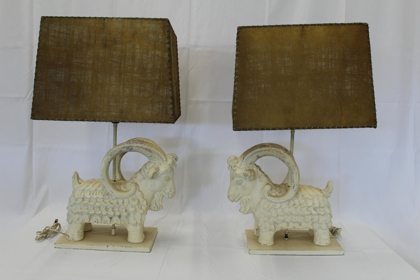 Pair of Plaster White Painted Ram Lamps with Hide Shades (1 of 6)