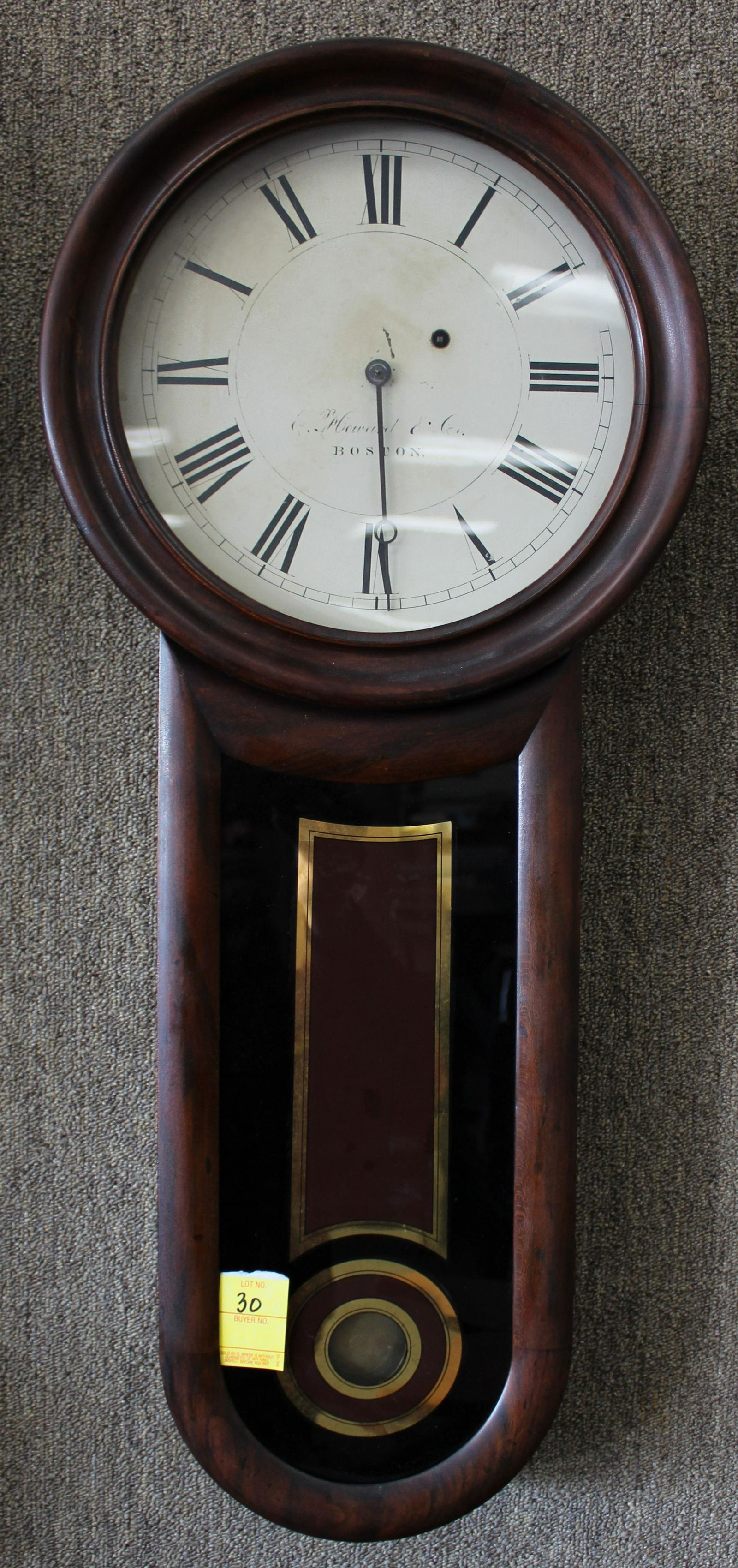 E Howard Co. No. 11 Weight Driven Key Whole Regulator Clock.: E Howard Co. No. 11 Weight Driven Key Whole Regulator Clock. Original paper label and instructions on the inside. Touch up paint on reverse painting. Fading to the dial. Works restored. Was running in