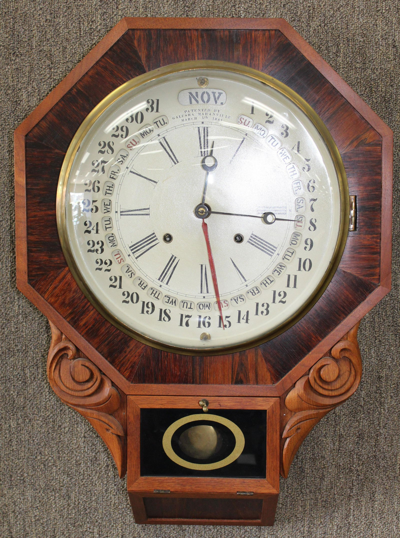 Galusha Maranville Rosewood School House Calendar Regulator: Galusha Maranville Rosewood School House Calendar Regulator. 24 inches long. It has a great rosewood case. Darkened label on the inside.