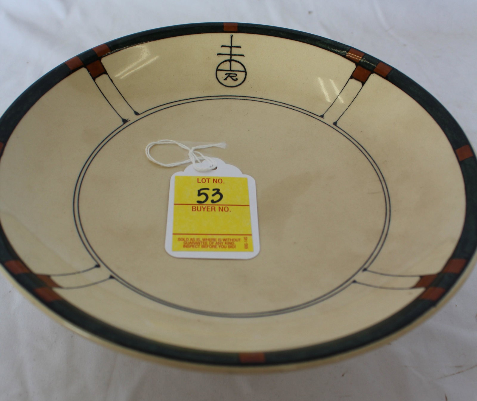 Buffalo Pottery Roycroft Compote or Footed Bowl: Buffalo Pottery Roycroft Compote or Footed Bowl 9 1/8 inches across and 3.5 inches tall. Some crazing to glaze and some staining. There is a old David Rago lot sticker on the bottom.