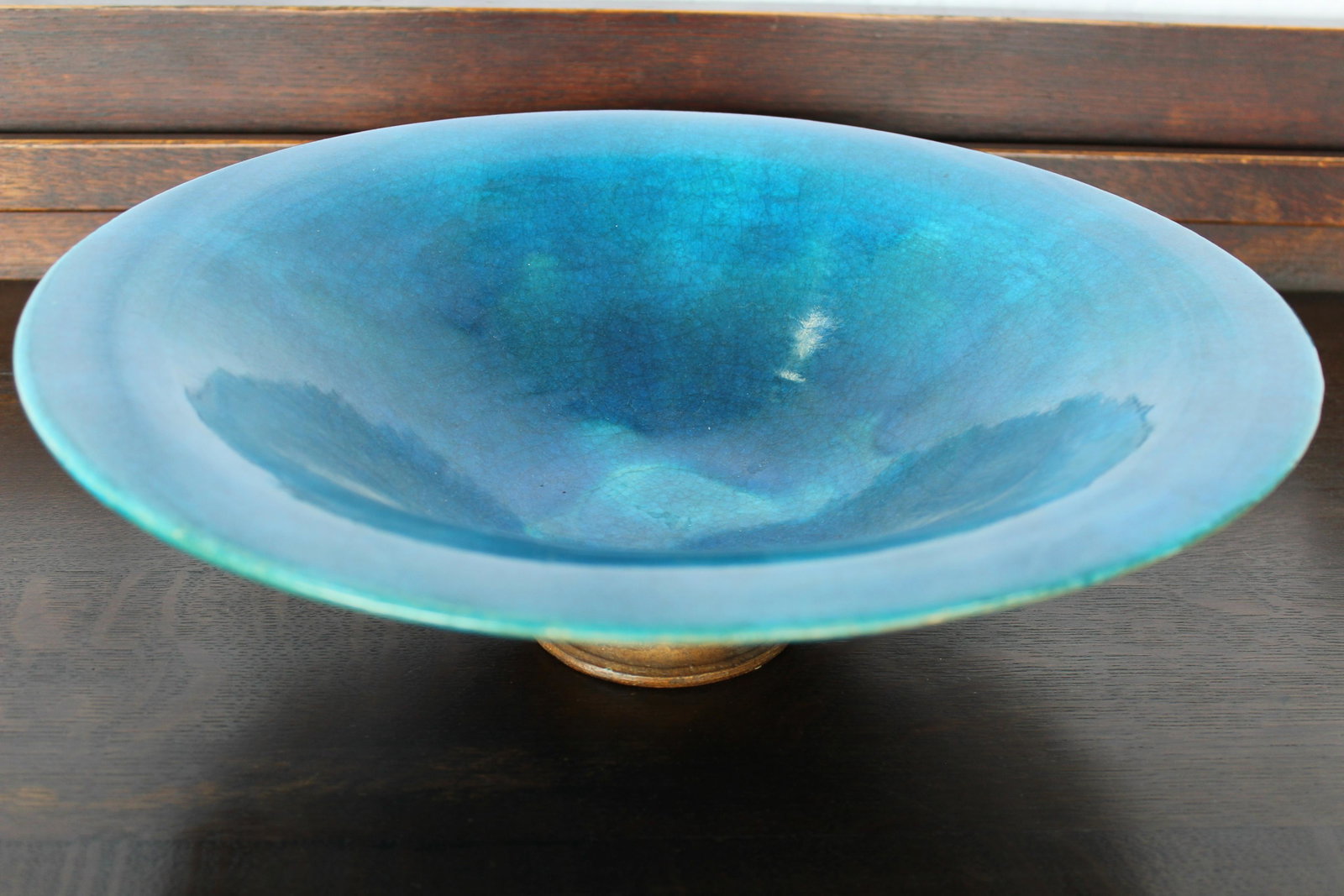 Volkmar Durant Kilns c1926 Blue Glazed Footed Center Bowl: Volkmar Durant Kilns c1926 Blue Glazed Footed Center Bowl. 16.25 inches across and 5.25 inches tall. It has a crazing crackle finish