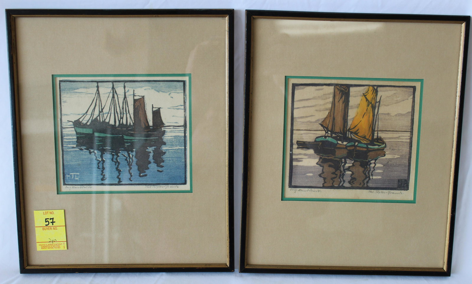 Two Arts and Crafts Sail Ships Signed H.T.G Hand Colored Woodblocks: Two Arts and Crafts Signed H.T.G Hand Colored Woodblocks. Artist pencil signed. Frame size 10.5 inches by 12.5 inches