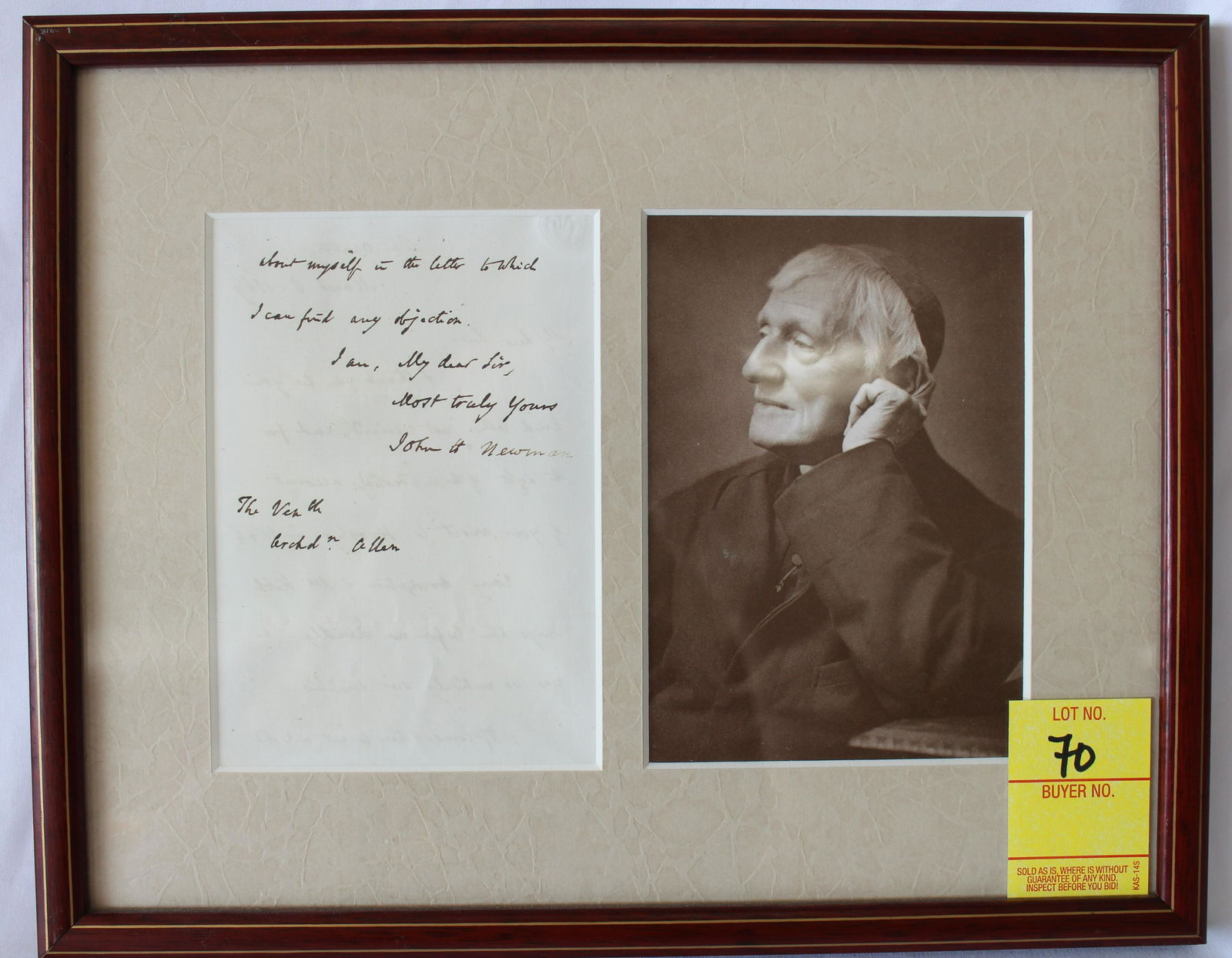 Cardinal John Henry Newman Signed Letter Dated 1869: Cardinal John Henry Newman Signed Letter Dated 1869. The letter is framed with glass on both sides also with a print of him. Frame size 9.25 inches x 11.75 inches