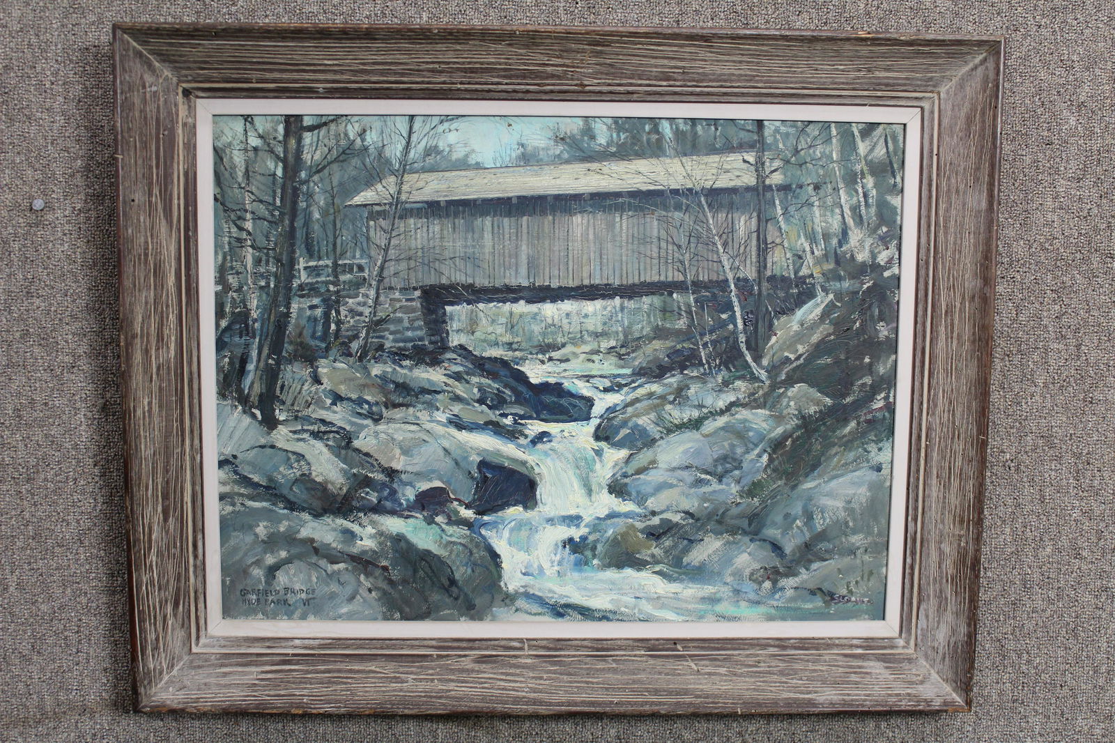Eric Sloane (1910-1985) Oil On Board Covered Bridge Garfield Bridge Hyde Park VT: Eric Sloane (1910-1985) Oil On Board Covered Bridge Garfield Bridge Hyde Park VT Frame size 29x23 Signed and Title on the frontFrom Greenwich Ct Estate