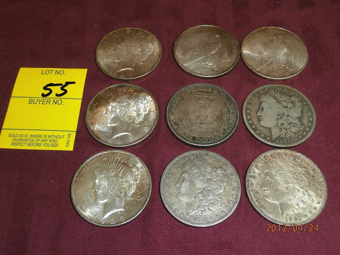 9 Silver Dollars - 4 Morgans and 5 Peace Dollars: 9 Silver Dollars - 4 Morgans, 1879, 1880, 1890 O, 1921 D, 5 Peace Dollars - 1923