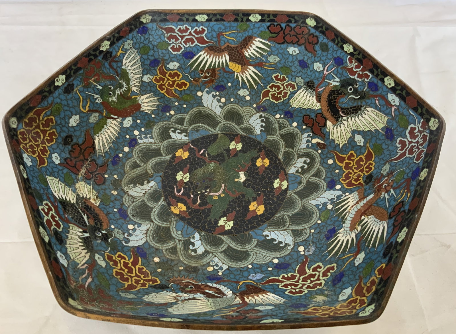 13" Oriental Cloisonne Enamel Bowl with Intricate Dragon Design (1 of 8)