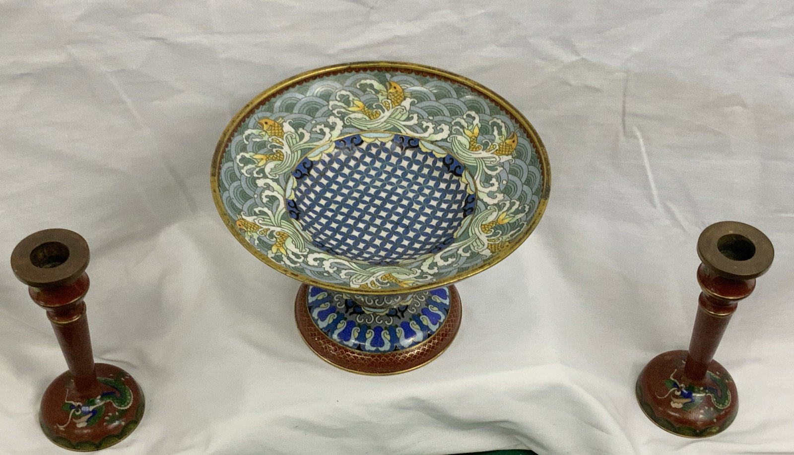 Pair of Matching Cloisonne Candlesticks & Cloisonne Offering Dish (1 of 17)