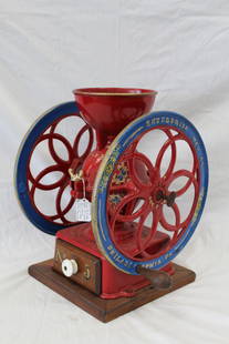 Enterprise No.5 Coffee Grinder: Enterprise No.5 Coffee Grinder. It has been restored, repainted, and new decals. 15.25" tall 12" wheel 13" wide