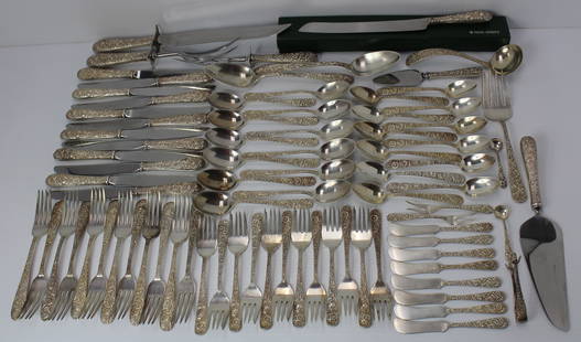 S. Kirk & Son Sterling Repousse 83pc Flatware Set 80+ Ozt: S. Kirk & Son Sterling Repousse 83pc Flatware Set 80.2 Ozt Plus Handles. Including: 12 Dinner Forks 7 1/4", 12 Salad Forks 6 1/4", 12 Table Spoons 6 3/8", 12 Tea Spoons 5 3/4", 12 Weighted Handle