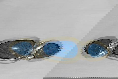 Large Signed Irv Sterling Sodalite Belt Buckle: Large Signed Irv 2003 Sterling Sodalite Belt Buckle. This has Three Great Museum quality Sodalite Stones on this hand made piece. It weights 4.0 Ozt with the stones. It measures 7" long and 1.75" at