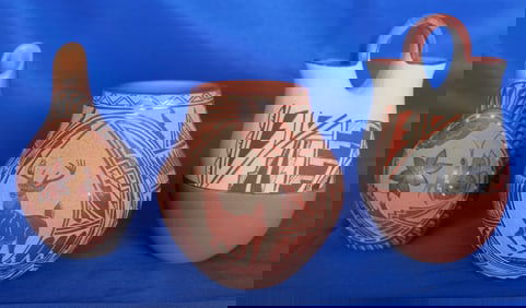 3 Etched/Sgraffito Native American Pottery Vases, 2 Signed from Jemez, by Georgia Vigil & E. M.