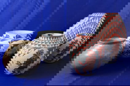 A Pair of Etched Laguna Pueblo Vases, A Laguna Polychrome Jar, & A Polychrome Geometric Jar