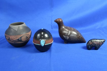 Set of 4 Southern Native Art Pieces, 2 Pottery and 2 Wooden