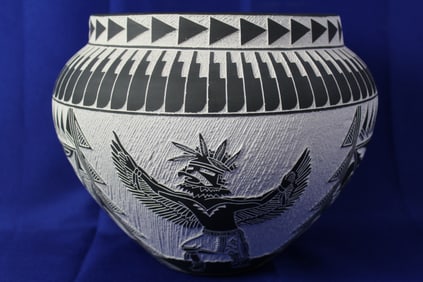 1990 Black on White Native Acoma & Laguna Clay Jar With Indigenous Designs Signed J. D. Aragon