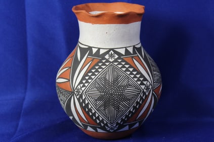 Handcrafted Native Acoma Geometric Patterned Polychrome Clay Vase Signed Connie Cerno & Peggy Garcia