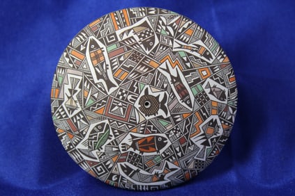 Handcrafted Native Acoma Small Polychrome Seed Pot With Fish & Geometric Designs Signed R. Lucario