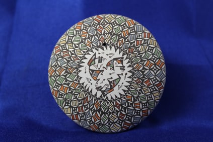 Handcrafted Native Acoma Small Polychrome Seed Pot With Dancing Charicatures Signed D. Lewis