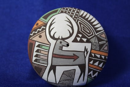 Handcrafted Native Acoma Small Polychrome Seed Pot With a Deer Signed Daniel Lucario