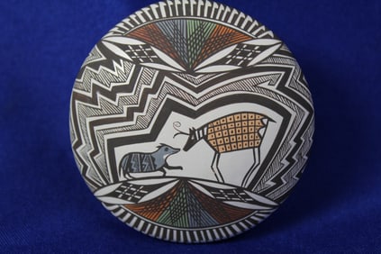 Handcrafted Native Acoma Small Polychrome Seed Pot With Animals & Geometric Patterns Signed D. Lewis