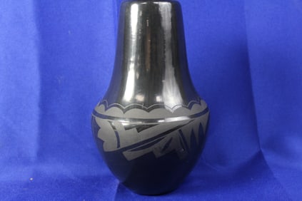 Handcrafted Native Santa Clara Black Glossed Vase With Silver Painted Designs Signed Frances Salazar