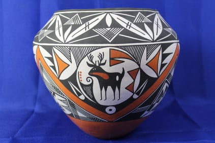 Handcrafted Acoma Pueblo Polychrome Jar Featuring A Deer With Geometric Patterns Signed W. Garcia