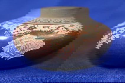 Handcrafted Santa Clara Pueblo Small Sgraffito Seed Pot With Charicatures Signed Forrest N Karen