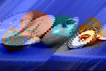 Lot of Four Signed South Western Plates From Various Artists and A Gourd Art Piece