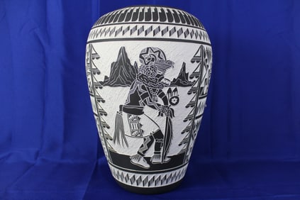 Handcrafted Large Acoma Black on White Vase Featuring Indigenous Charicature Signed LC/DC