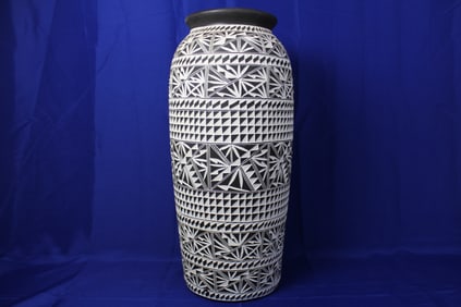 Handcrafted Tall Acoma Black on White Vase With Geometric Pattern Signed M-R-R