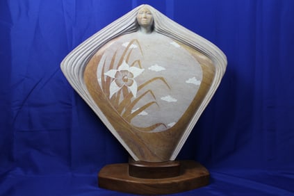 1987 Handcrafted Native Jemez Wide Stone Statue of a Woman Signed C. Fragua