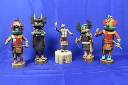Five Signed Hand carved South Western Kachinas