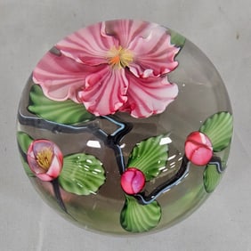 1985 Lampwork Cherry Blossom Flower Paperweight Signed Daniel Salazar Lundberg Studios & Numbered