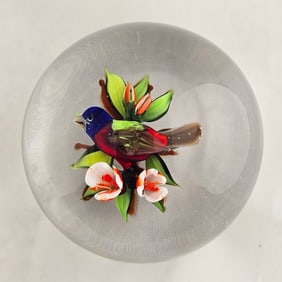 2000 Signed Ayotte Lampwork Paperweight with Painted Bunting Bird & Flowers M-74