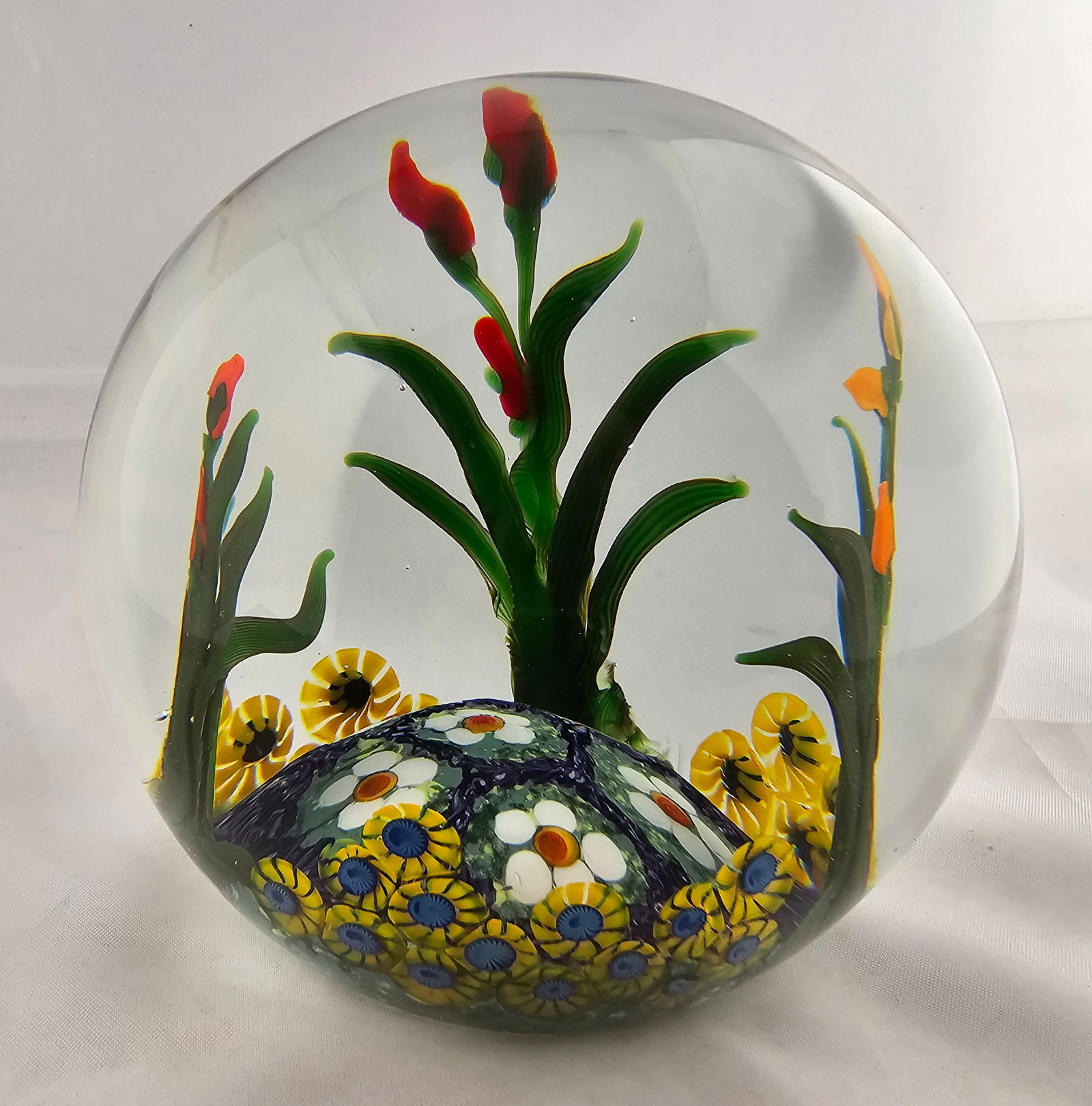 1996 Chris Heilman Lampwork Garden Magnum Paperweight Signed: Magnum lampwork paperweight with a beautiful floral garden world inside. Signed: Heilman 1996 Garden Dimensions: 3 11/16"H x 4"Dia.