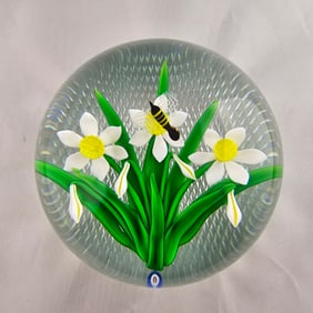 Magnum Banford Lampwork Paperweight with Daffodil Flowers & a Bee